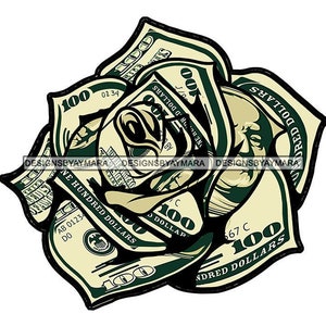 May include: A green and white rose made of US $100 bills. The rose is made of several bills, with the words "ONE HUNDRED DOLLARS" visible on the petals.
