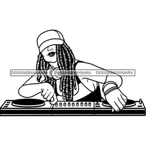 May include: Black and white line art illustration of a woman with dreadlocks wearing a baseball cap and headphones, mixing music on a DJ mixer.