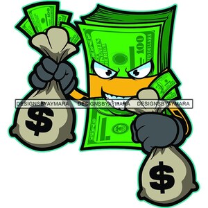 Personaje de dibujos animados Pila verde de billetes de dólar con cara sosteniendo bolsas Efectivo Malvado Ilustración sonriente Esquema Dinero Hustle SVG Corte PNG JPG