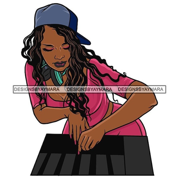 Black Woman Dj  Keyboard Purple Top Spinning Turntable Audio Vinyl Record Music Baseball Cap Illustrations Vector SVG JPG PNG Cutting Files