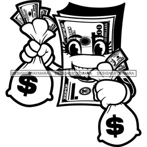 Female Cartoon Character Stack Dollar Bills With Face Holding Bags Cash Teeth Smiling Illustration Outline Money Hustle SVG Cutting PNG JPG