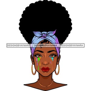 African American Woman Water-paint Dripping Colorful Tears Hair Band Mesy hair Bun Hoops Earrings SVG PNG JPG Cutting Designs Print Cricut