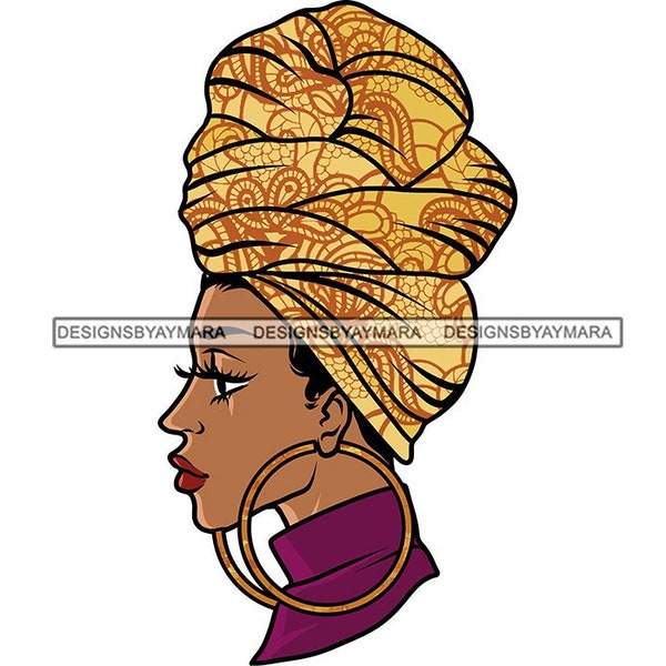 Black Woman Side View Gold Print Headwrap Fabric Big Gold Hoop Earrings Purple Turtleneck Graphic SVG PNG JPG Cutting Designs Print Cricut