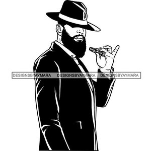 May include: Black and white illustration of a man wearing a fedora hat and a suit jacket. He is holding a cigar in his right hand.