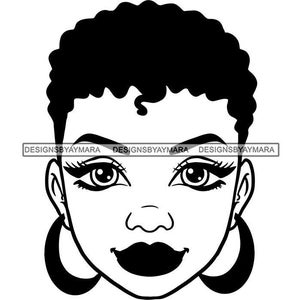 Black Woman Short Afro Hair Hoop Earrings Big Eyes Long Eyelashes Head Only Black White Graphic SVG PNG JPG Cricut Cutting Design Print