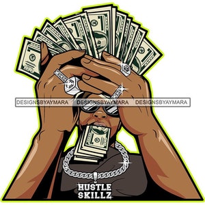 Könnte beinhalten: Illustration einer Person mit Sonnenbrille und einer silbernen Kette, die Geld hält und isst. Das Bild zeigt den Text "Hustle Skillz" und den Namen des Designers. Der Hintergrund ist weiß mit einem neongrünen Umriss.