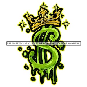 Green Dollar Sign Gold Crown Currency Money Stars Dripping Icon Emblem Poster Cash Sign Graphic SVG PNG JPG Cricut Cutting Designs Printing