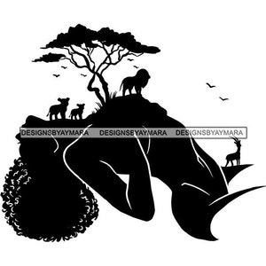 Black Abstract Art Female Woman Afro Head Back Trees Jungle Lion Lioness Cubs Birds Animals Graphic SVG PNG JPG Cutting Design Print Cricut
