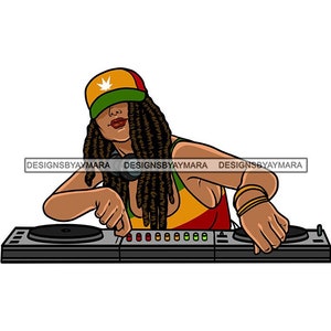 May include: A woman with dreadlocks and a green, yellow, and red hat is mixing music on a DJ mixer. She is wearing a yellow and red tank top and a gold bracelet.