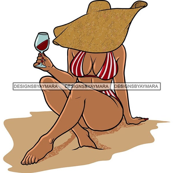 Plus Size Tanned Woman Straw Hat Bathing Suit Glass Wine Barefoot Red Stripes Beach Illustration SVG PNG JPG Cutting Designs Print Cricut