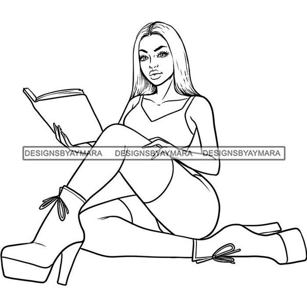 Woman Sitting Reading Platform Boots Legs Crossed Coloring Image for Children Kid Activity SVG PNG JPG Cutting Vector Designs Print Cricut