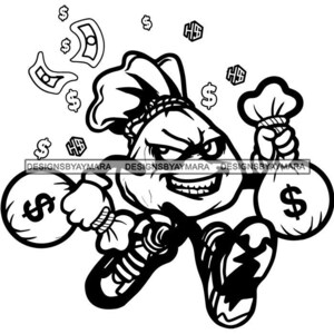Bank Bag Character Two Bags Dollar Sign Bills Currency Sneakers Running Cartoon Black White SVG PNG JPG Cricut Cutting Designs Printing