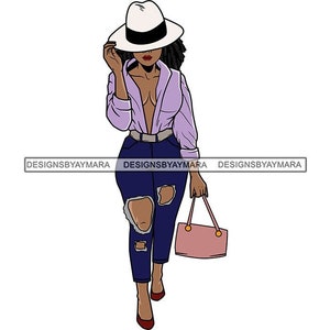 Black Woman Ripped Jeans Tipped Hat Purple Open Blouse Purse Handbag Red Heels Pumps Locs Graphic SVG PNG JPG Cutting Design Print Cricut