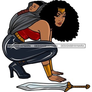 Schwarze Frau Mutter Afro Super Frau Rot Halfter Schwert Schwarze Hose Stiefel Baby Babyschale Schutz PNG SVG Cricut Schneiden Design Druck