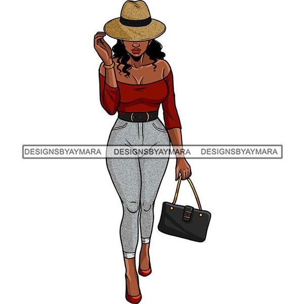 Black Woman Hat Red Off Shoulder Top Belt Jeans Gray Purse Handbag Heels Bracelet Walking Illustration PNG SVG Cricut Cutting Design Print
