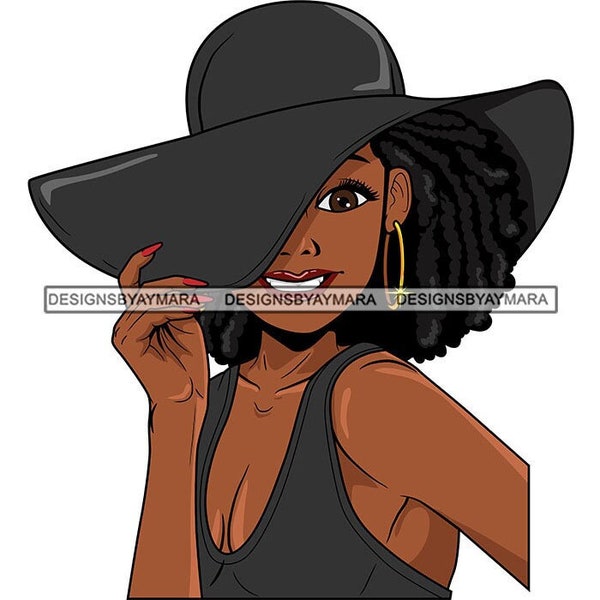 Black Woman Big Floppy Gray Hat Grey Tank Top Gold Hoop Earrings Locs Dreads Smiling Brown Eyes  SVG PNG JPG Cutting Design Print Cricut