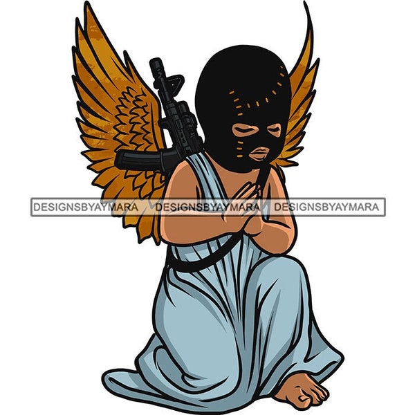 Black Angel Mask Wings Gun Weapon Blue Robe Drape Barefoot Praying Head Bowed Illustration Graphic SVG PNG JPG Cutting Design Print Cricut