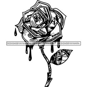 May include: A black and white illustration of a rose made of US dollar bills. The rose is dripping with black ink. The text "DESIGNSBYAYMARA" appears three times at the bottom of the image.