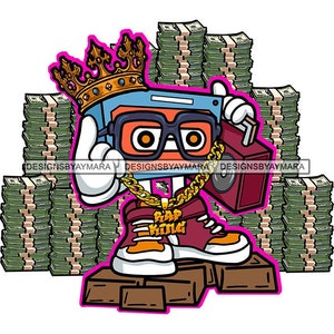 Rap King Blue Cassette Tape Boom Box Character Cartoon Gold Crown Green Stacks Cash Sneakers Chain  SVG PNG JPG Cutting Designs Print Cricut