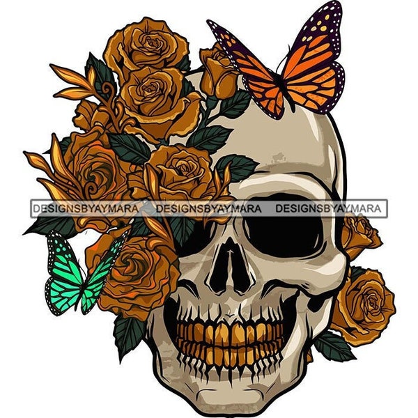 Sugar Skull Human Head Bones Floral Gold Grill Flowers Turquoise Butterfly Plants Roses Death Graphic PNG SVG Cricut Cutting Design Printing