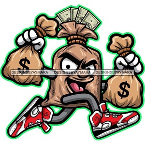 May include: A cartoon illustration of a brown money bag with a face, wearing red and white sneakers and holding two bags of money. The money bag is running and has a mischievous expression on its face.