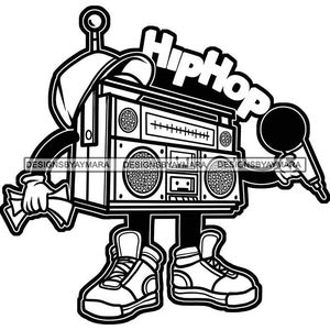 Hip Hop Boombox Character Sneakers Baseball Cap Microphone Speaker Music Retro Cash Hand Black White PNG SVG Cricut Cutting Design Printing