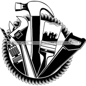 Carpintero Herramientas de trabajo Martillo Llave Pincel Sierra Destornillador Negro Blanco Pintor Ilustración Gráfico SVG JPG PNG Cricut Diseños de corte