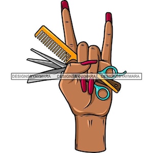May include: A hand with red nail polish makes a rock and roll hand gesture while holding a comb, scissors, and a hair clip.