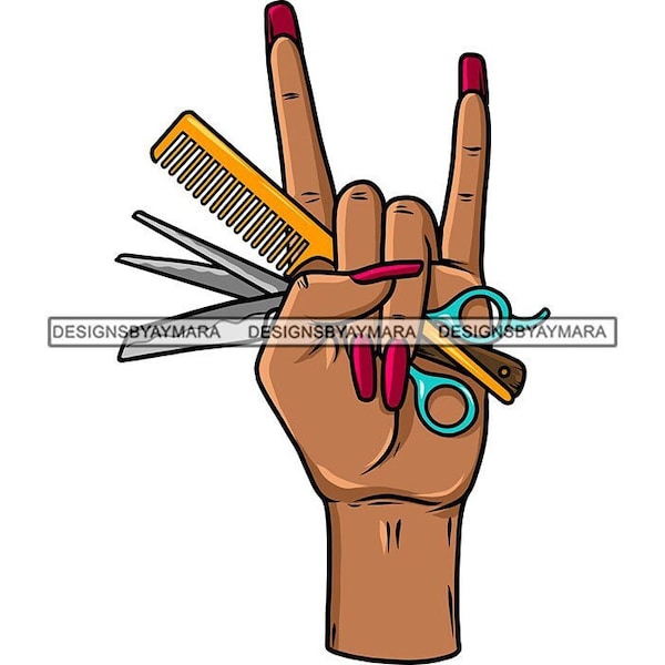 Female Woman Hand Yellow Comb Turquoise Scissors Shears Hairdresser Salon Tools Red Fingernails Graphic SVG JPG  PNG Cricut Cutting Designs