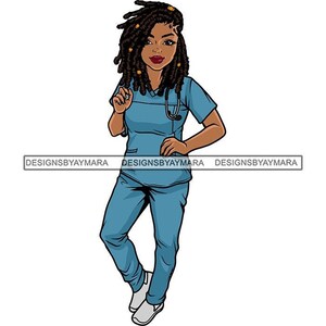 Black Nurse Surgeon Dread Locs Loc Bands Blue Scrubs Uniform Stethoscope Slides Hospital Clinic Graphic SVG JPG  PNG Cricut Cutting Designs