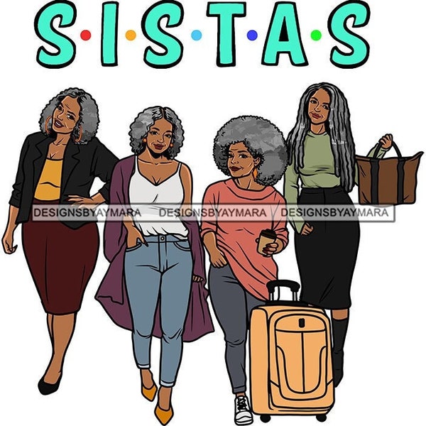 Sistas Four Black Gray Haired Women Brown Tote Bag Heels Luggage Bue Jeans Traveling Vacation Trip Drink PNG SVG Cricut Cutting Design Print