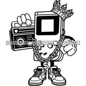 May include: Black and white illustration of a retro handheld game console character wearing a crown and gold chain with a dollar sign pendant. The character is holding a boombox and wearing sneakers.
