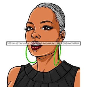 Black Woman Lady Short Gray Hair Brown Eyes Green Hoop Earrings Black Top Head Shoulders  SVG PNG JPG Cricut Cut sCutting Designs Printing