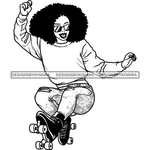 Woman Afro Hair Sweat Shirt Skating Skate Torn Jeans Retro Arena Rink Sunglasses Black White Illustration Graphic PNG JPG SVG Cricut Designs