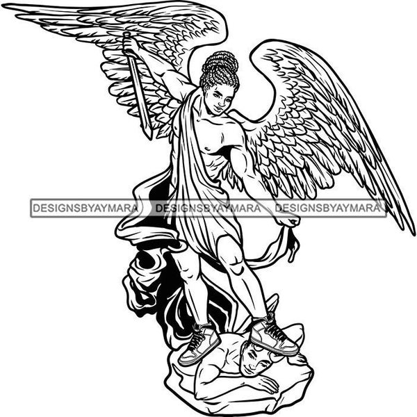 Statue Angel Man Killing Devil Wings Dread Locs Braids Drape Arms Spread Stone Step Transparent Paint SVG PNG JPG Cricut Cutting Designs