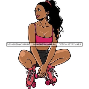 Woman Stooping Long Ponytail Headband Roller Skates Park Skating Black Shorts Pink Tank Top  Illustration Graphic PNG JPG SVG Cricut Designs
