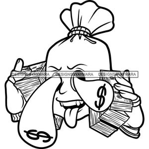 May include: A cartoon illustration of a money bag with a dollar sign on its nose, holding stacks of money in its hands. The money bag is wearing a mischievous grin.