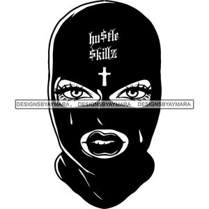 Hooded Woman Female Ski Mask Hustle Skillz Cross Tears Cry Long Lashes Illustration Black White SVG PNG JPG Cricut Cutting Designs Printing