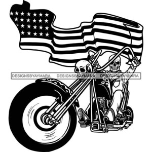 American Flag Motorcycle Bike Biker Human Man Skeleton Riding Motor Bike Wheel Black White Illustration Graphic PNG JPG SVG Cricut Designs