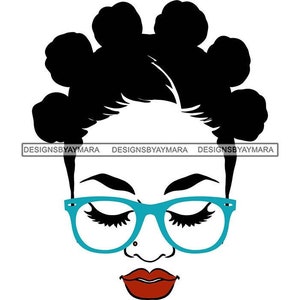 Afro-American Woman Bantu Knots Hair Style Blue Eyeglasses Red Lips Eyes Closed Transparent Face Graphic SVG PNG JPG Cricut Cutting Designs