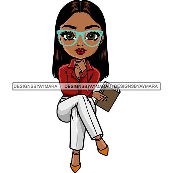 Teacher School Principal Notepad Green Glasses Long Hair Legs Crossed Red Blouse White Slacks Graphic PNG SVG Cricut Cutting Design Printing