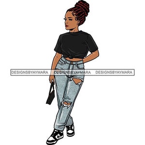 Black Woman Dread Locs Braids Bun Black T-Shirt Torn Jeans Sneakers Purse Pose Standing Graphic SVG PNG JPG Cricut Cutting Designs Printing