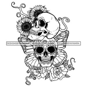 Obra de arte única Dos calaveras Esqueletos Huesos Flores de la muerte Girasoles florales Bw Ilustración gráfica de dibujos animados Vector SVG PNG JPG Archivos de corte