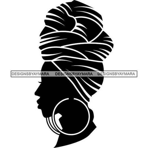 Black Woman Silhouette Head Wrap Turban Big Hoop Earrings Black White Head Neck Art Illustration Graphic PNG SVG Cricut Cutting Design Print