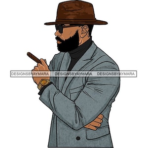 May include: A man wearing a brown fedora, a gray suit jacket, and a black turtleneck. He is holding a cigar in his right hand and has a beard.