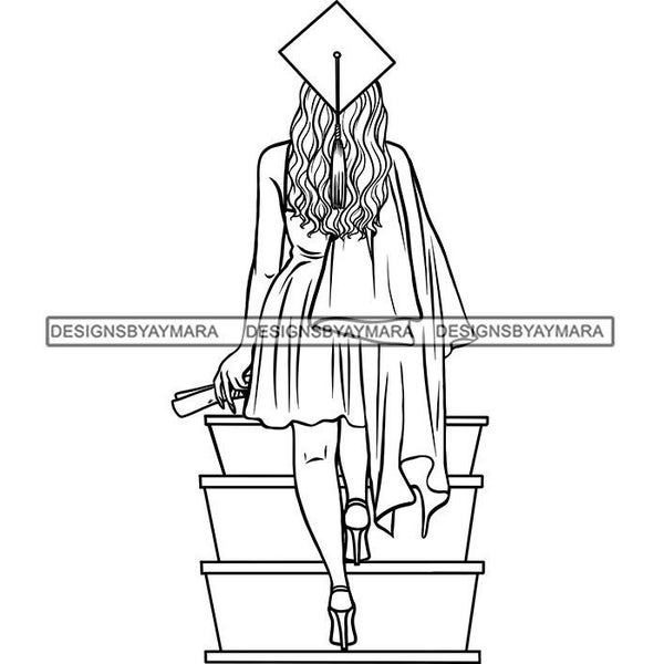 Graduation Student Cap Gown Dress Diploma Stairs Stage Coloring Image Children Kid Activity SVG PNG JPG Cutting Vector Designs Print Cricut