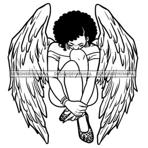 Black Woman Head Bowed Angel Wings Arms Crossed Legs Afro Hairstyle Black White Outline  Graphic SVG PNG JPG Cricut Cutting Design Print