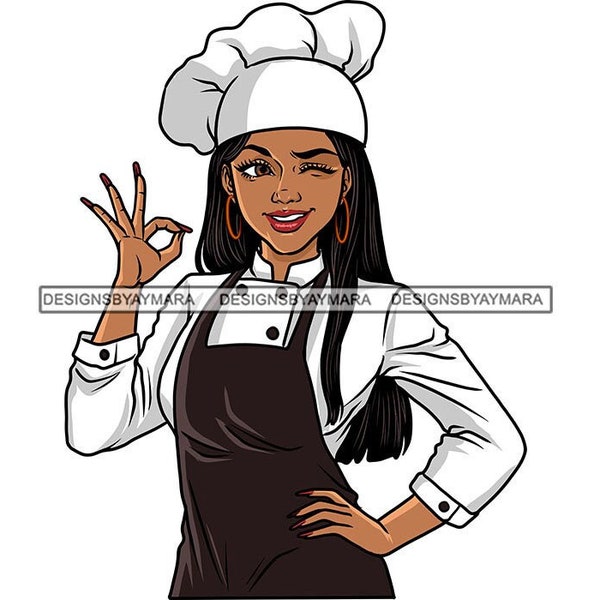 Black Female Chef Uniform Black Apron Braids Kitchen Food Cook Professional Wink Hat Restaurant Graphic SVG PNG JPG Cricut Cutting Designs
