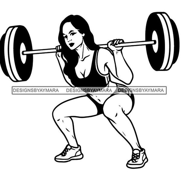 Strong Woman Lifting Weights Squatting Squats Barbell Weight Lifter Fitness Bodybuilder Physique SVG PNG JPG Cutting Designs Print Cricut