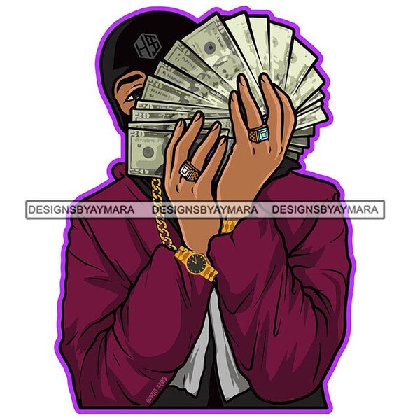 Black Hooded Man Purple Jacket Gold Watch Chain Cash Dollar Bills Ring Hustler Gangster Style  SVG PNG JPG Cricut Cutting Designs Printing